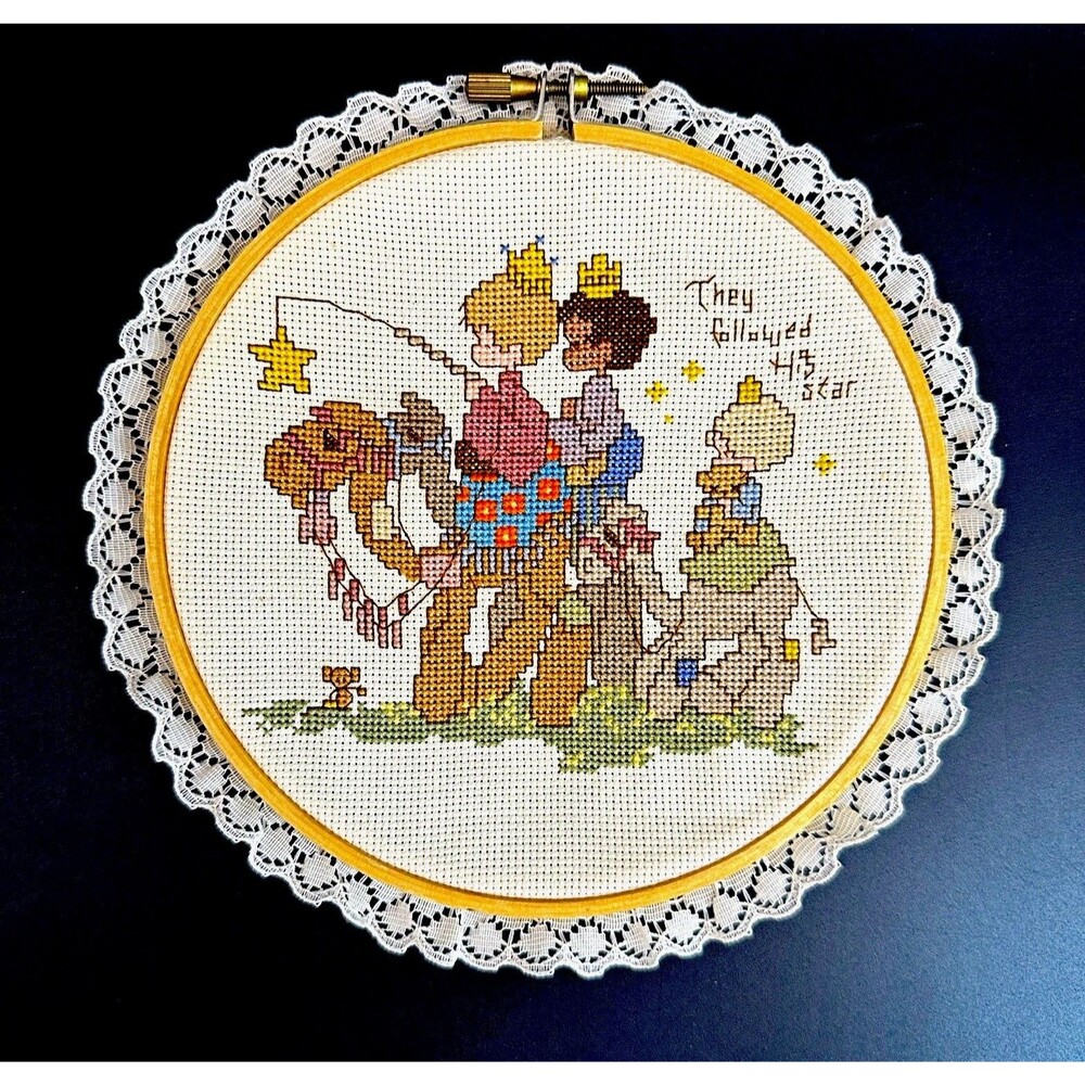 Handmade Christmas Nativity Cross Stitch Hoop Art Three Wise Men Followed Star